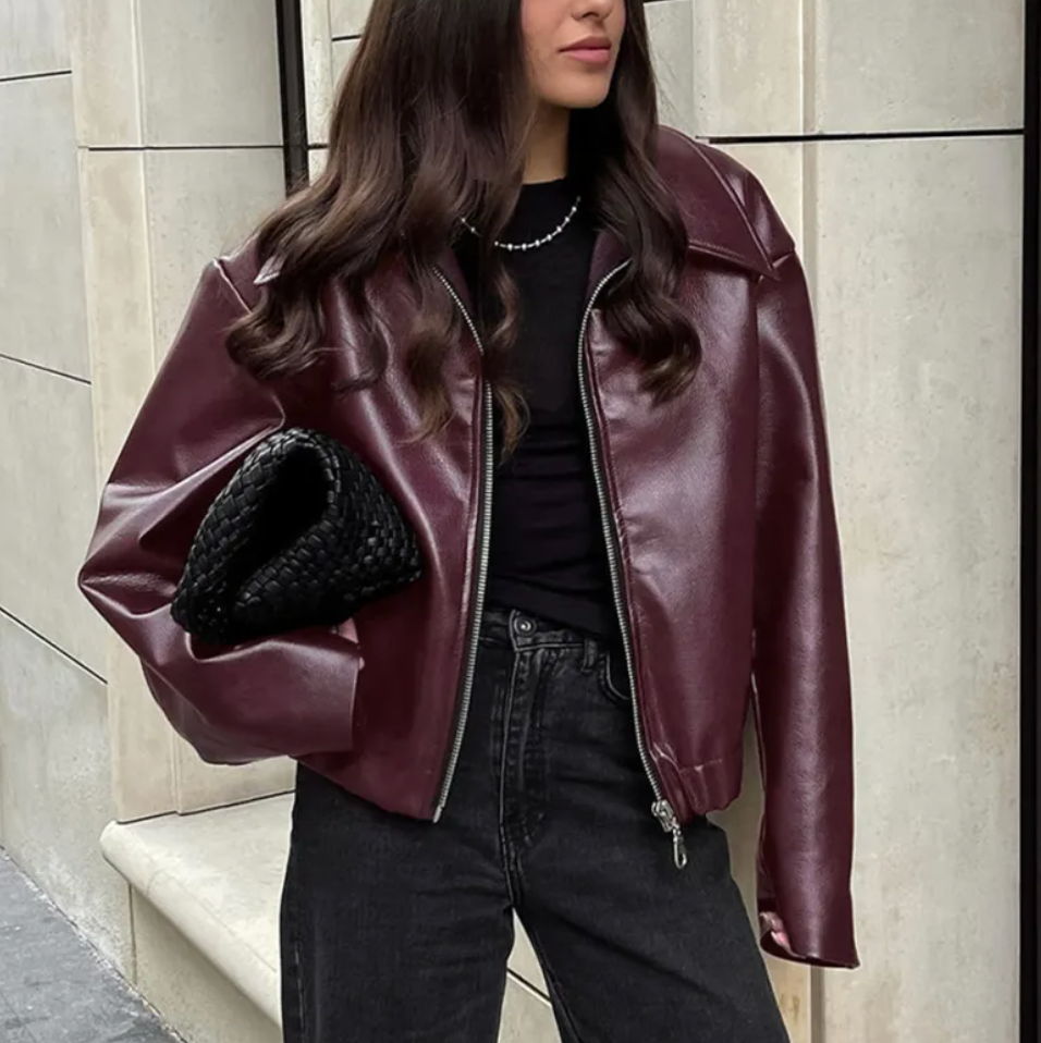 Women's Faux Leather Bomber Jacket Oversized Classic Collar