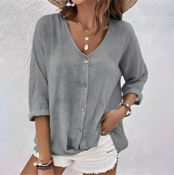 Button-Up Blouse V-Neck Roll Sleeve
