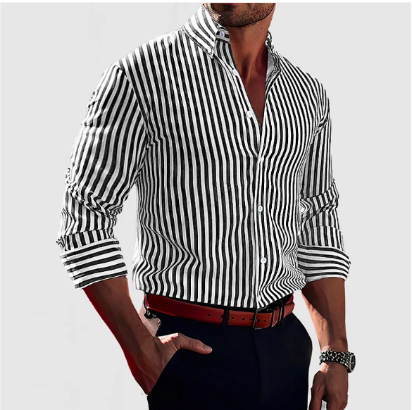 Mens Striped Button Down Shirt Long Sleeve Four Color