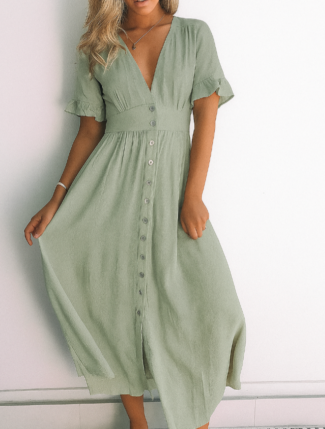 Womens Midi Summer Dress V Neck Button Closure