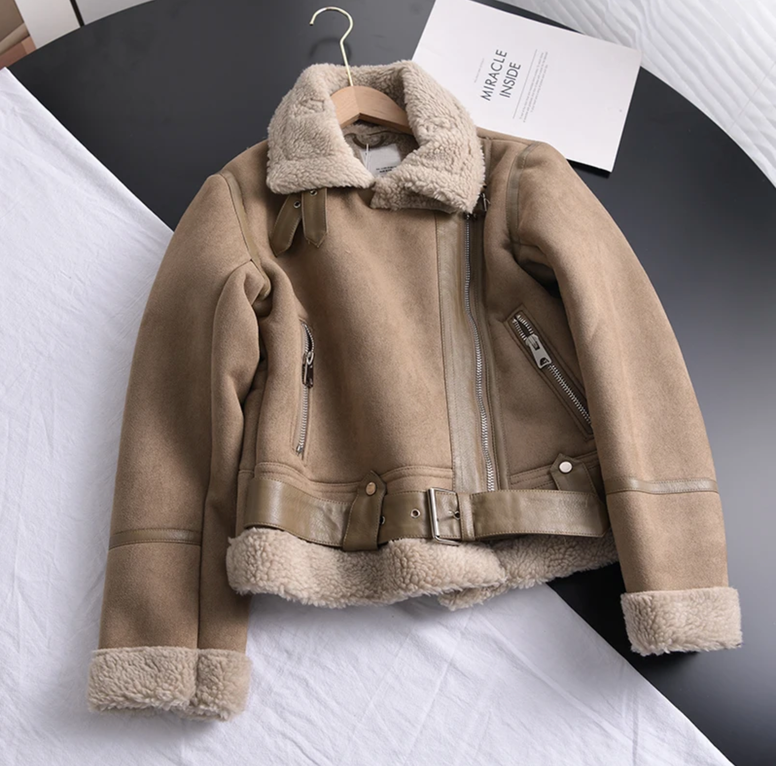 Women's Sherpa Fleece Bomber Jacket Lined Ribbed Trim Warm
