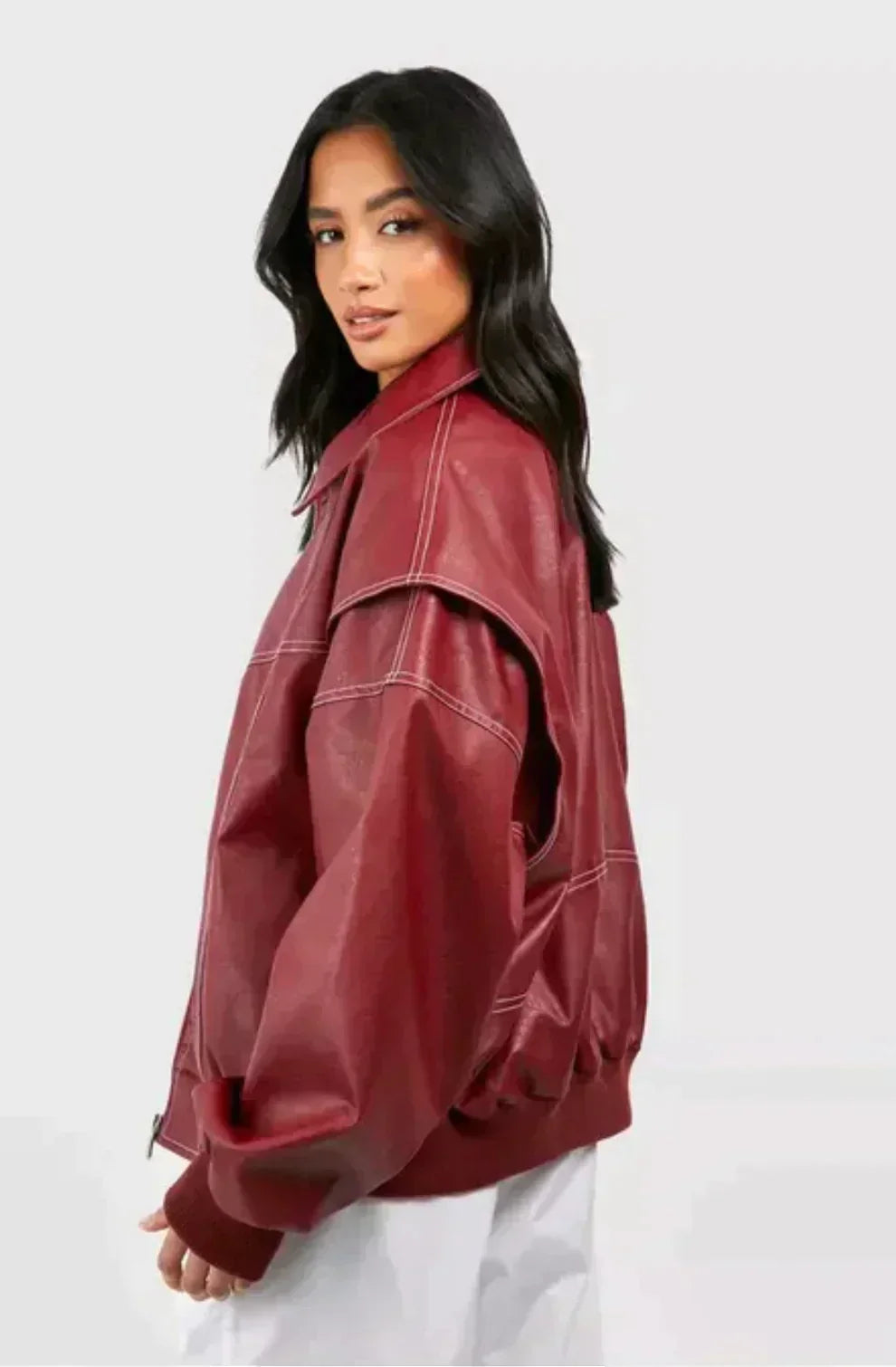 Oversized Faux Leather Jacket Red Biker Statement