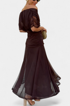 Off Shoulder Dress Ruched Bodice Flowing Skirt