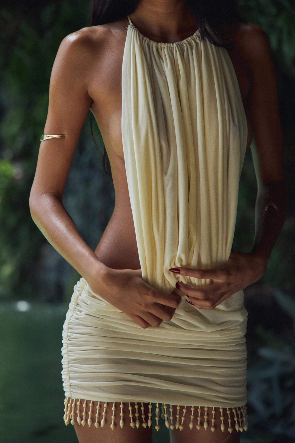 Pleated Halterneck Open Back Mini Dress