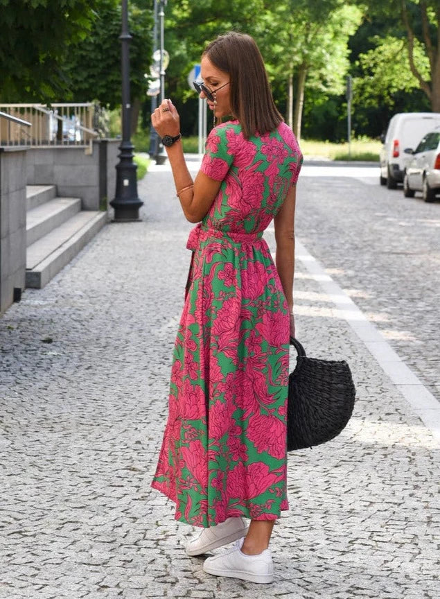 Womens Midi Summer Dress V Neck Short Sleeve Three Color