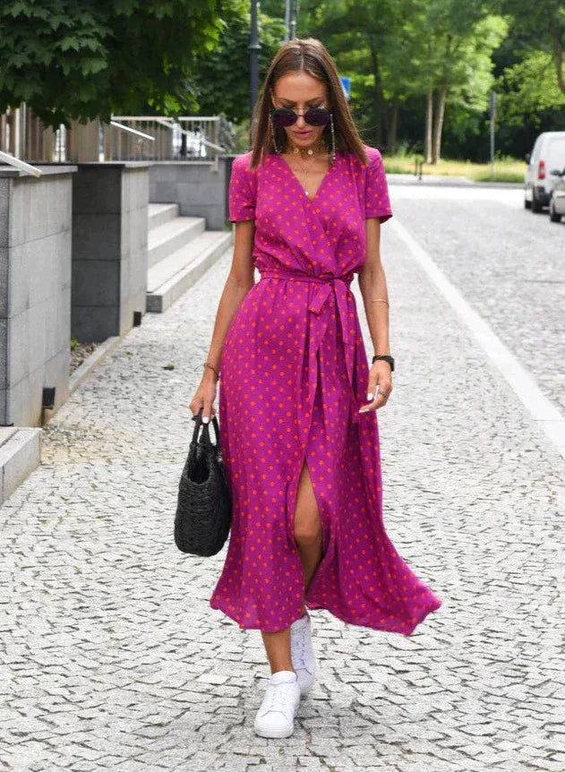 Womens Midi Summer Dress V Neck Short Sleeve Three Color