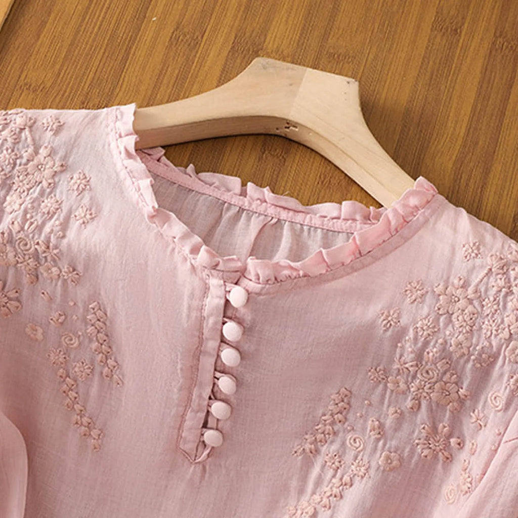 Floral Embroidered Button-Front Blouse