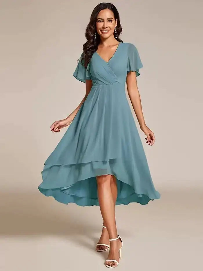 A-Line Dress V-Neck High-Low Hem Flutter Sleeve