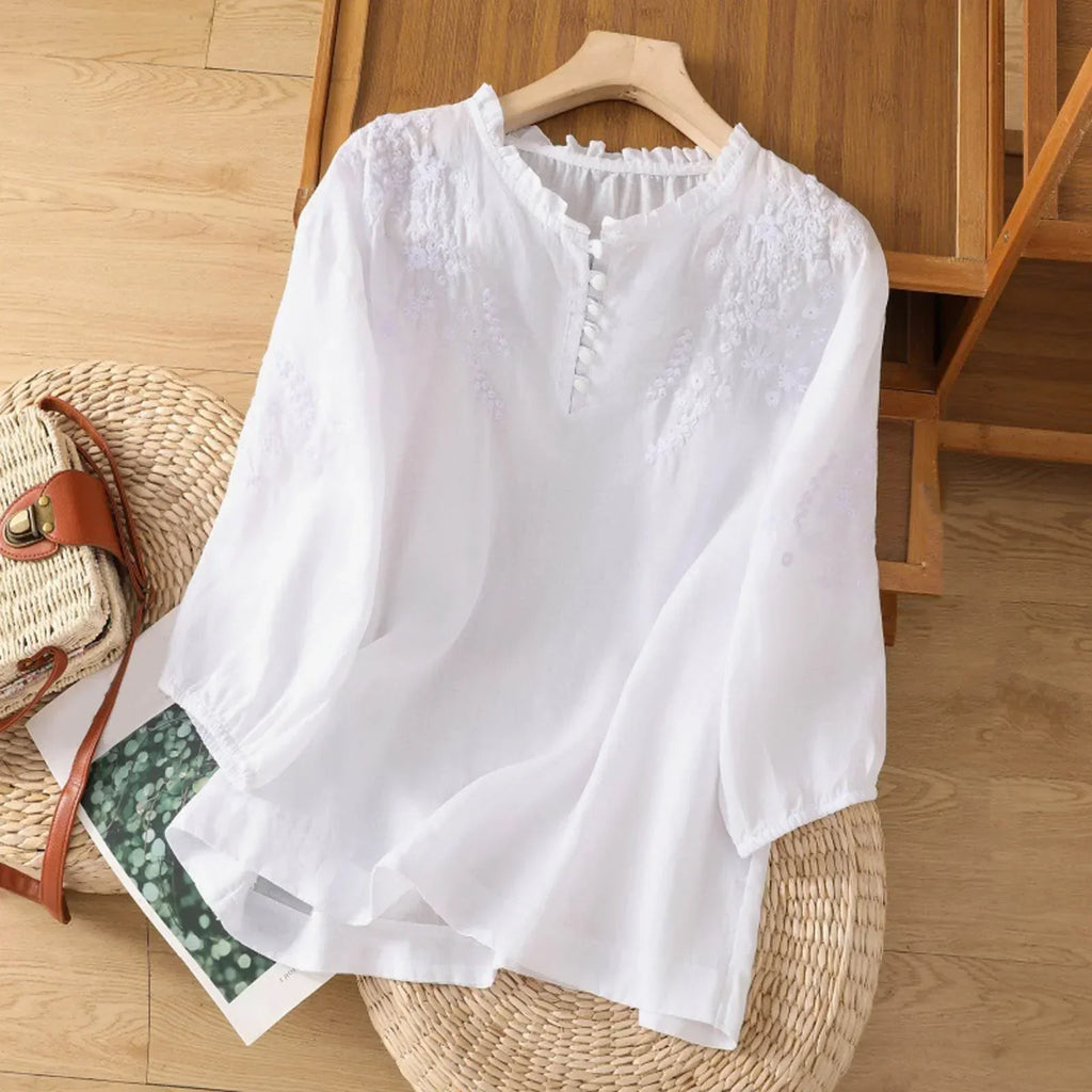 Floral Embroidered Button-Front Blouse