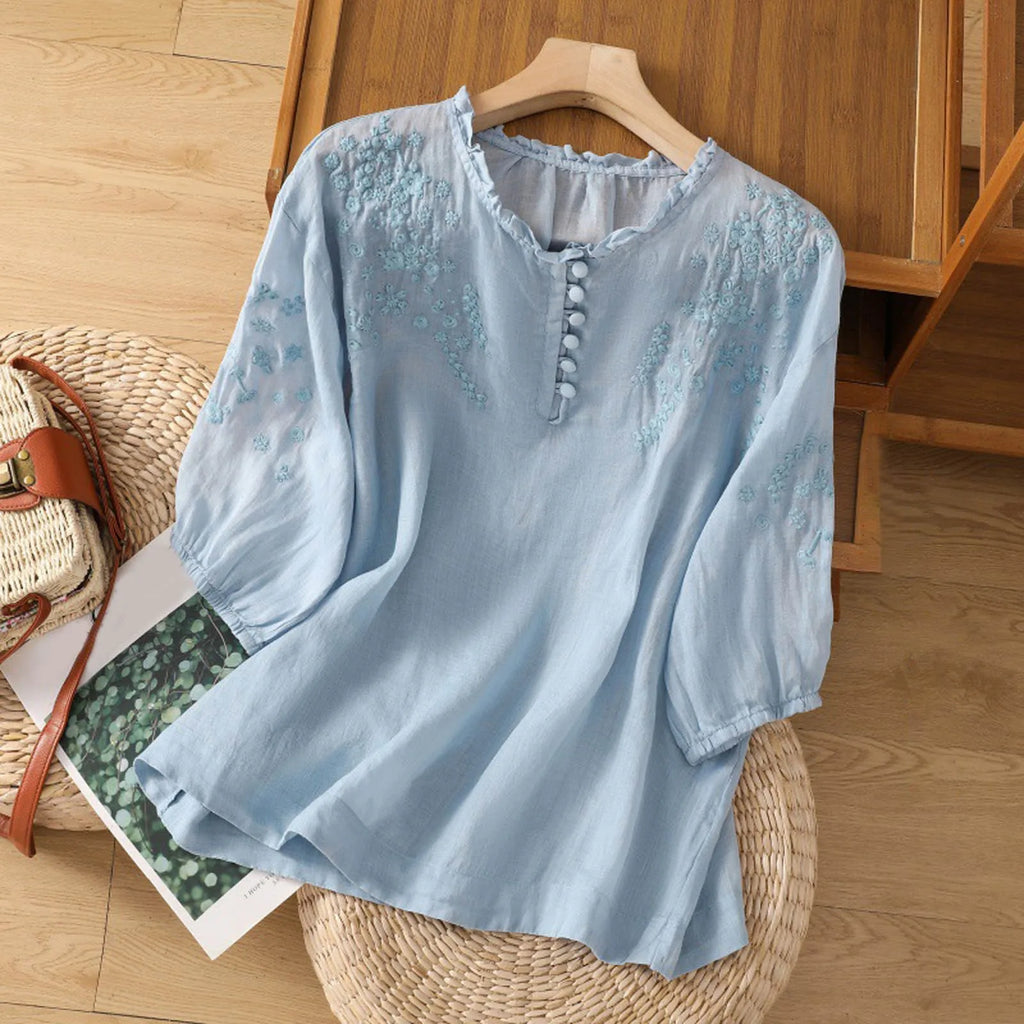 Floral Embroidered Button-Front Blouse