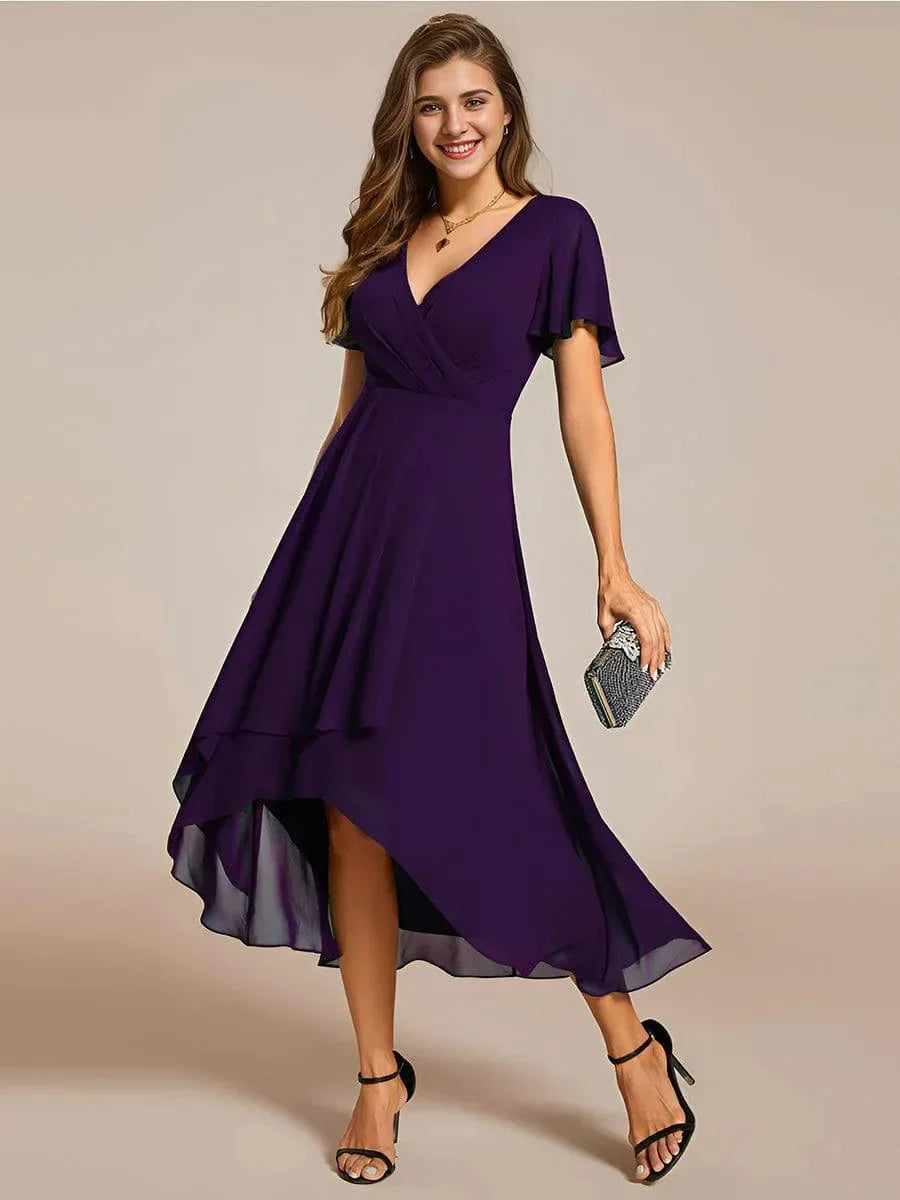 A-Line Dress V-Neck High-Low Hem Flutter Sleeve