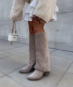Suede Knee High Boots Beige Block Heel Round Toe Classic