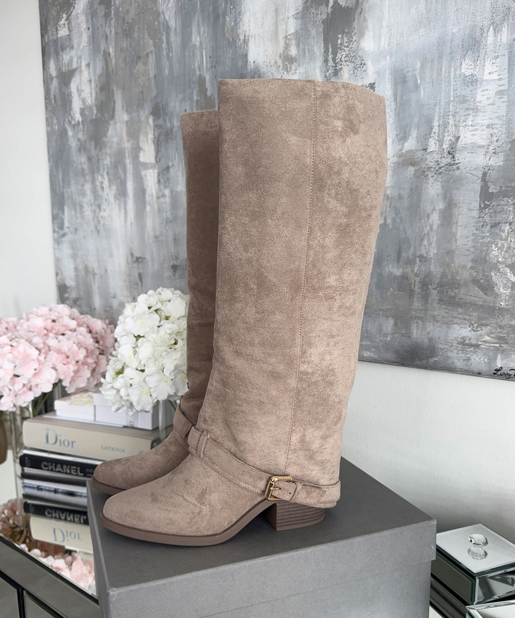 Suede Knee High Boots Beige Block Heel Round Toe Classic