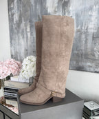 Suede Knee High Boots Beige Block Heel Round Toe Classic