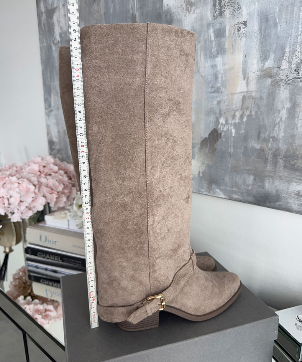 Suede Knee High Boots Beige Block Heel Round Toe Classic