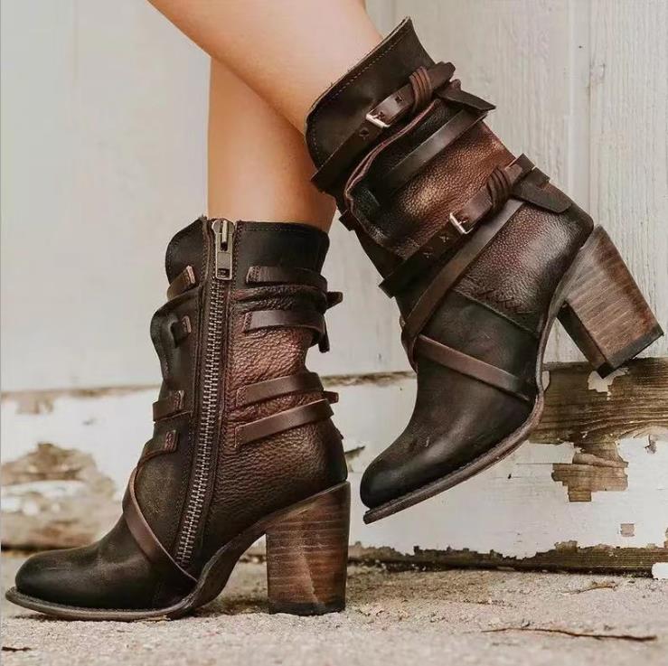 Ankle Boots Leather Buckle Strap Block Heel Vintage Distressed