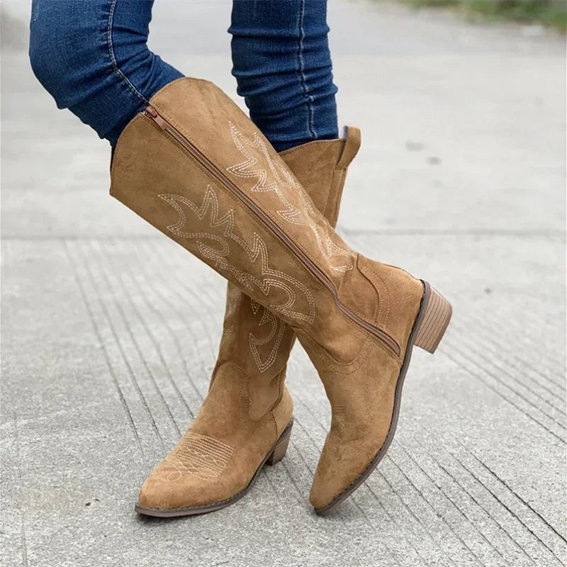 Western Boots Suede Embroidered Block Heel Cowgirl Tall