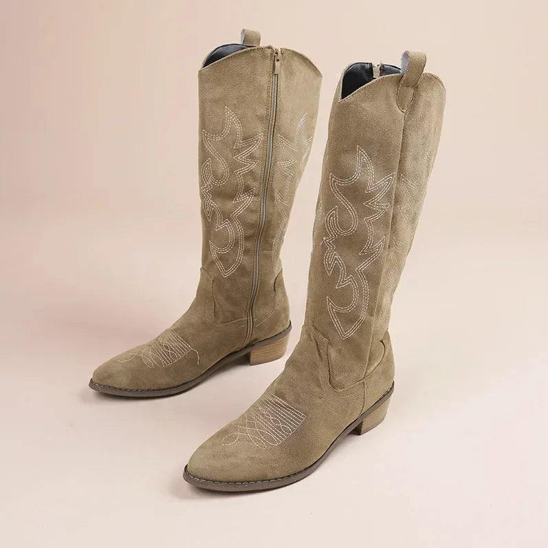 Western Boots Suede Embroidered Block Heel Cowgirl Tall