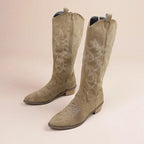 Western Boots Suede Embroidered Block Heel Cowgirl Tall