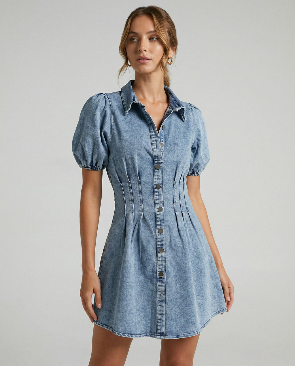 Puff Sleeve Denim A-Line Dress