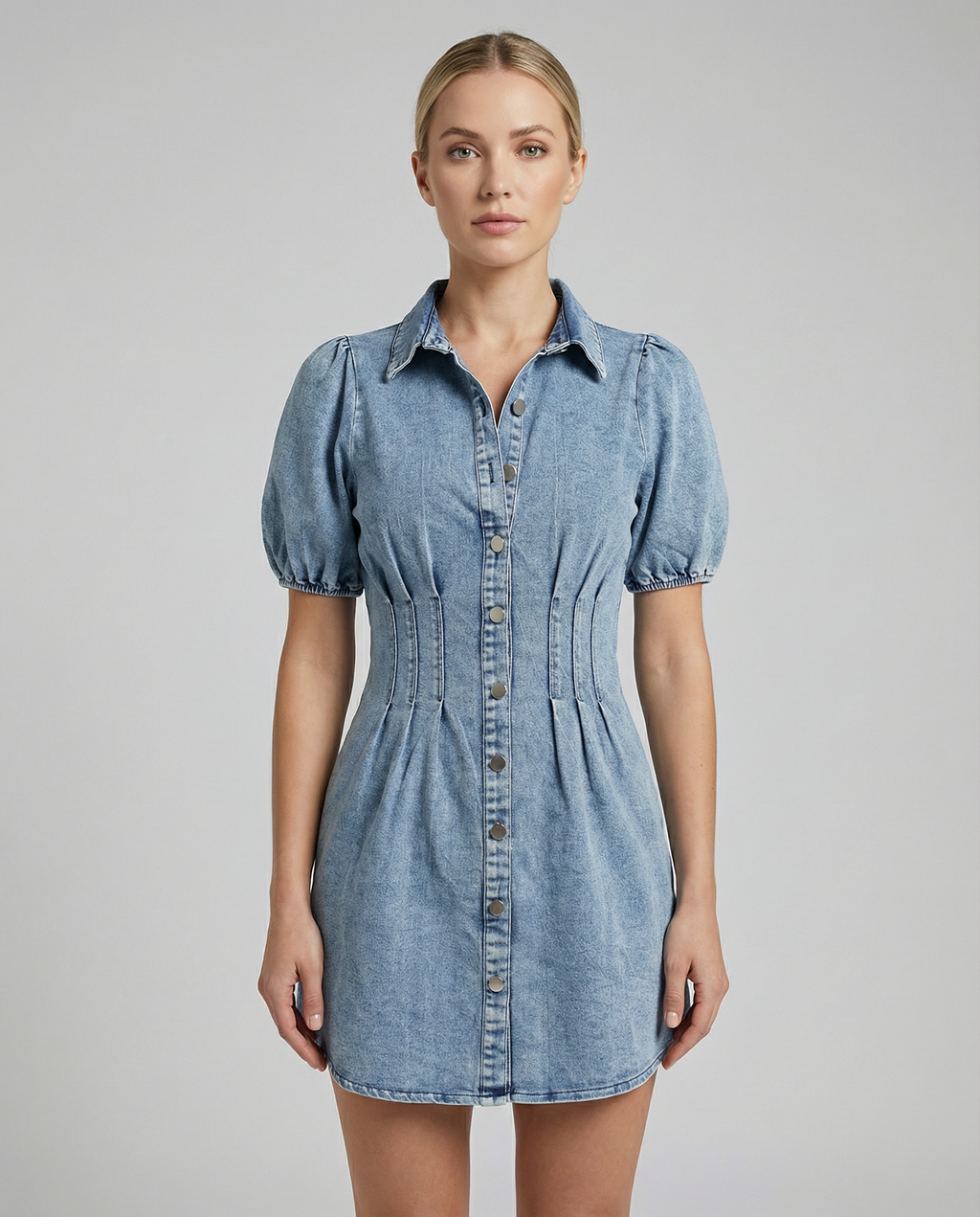 Puff Sleeve Denim A-Line Dress