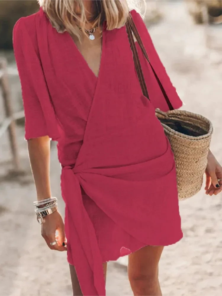 V-Neck Lace-Up Summer Mini Dress