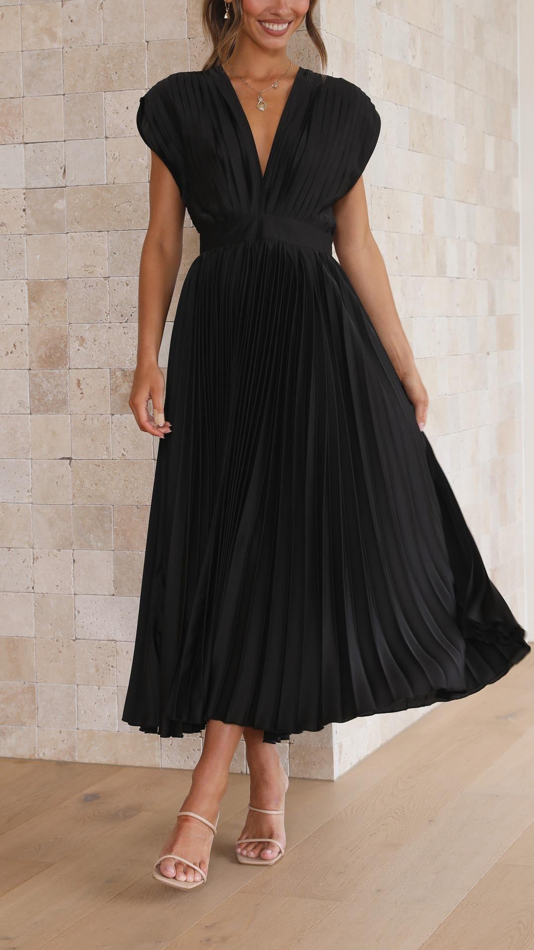 Pleated Maxi Dress V-Neck High Waist