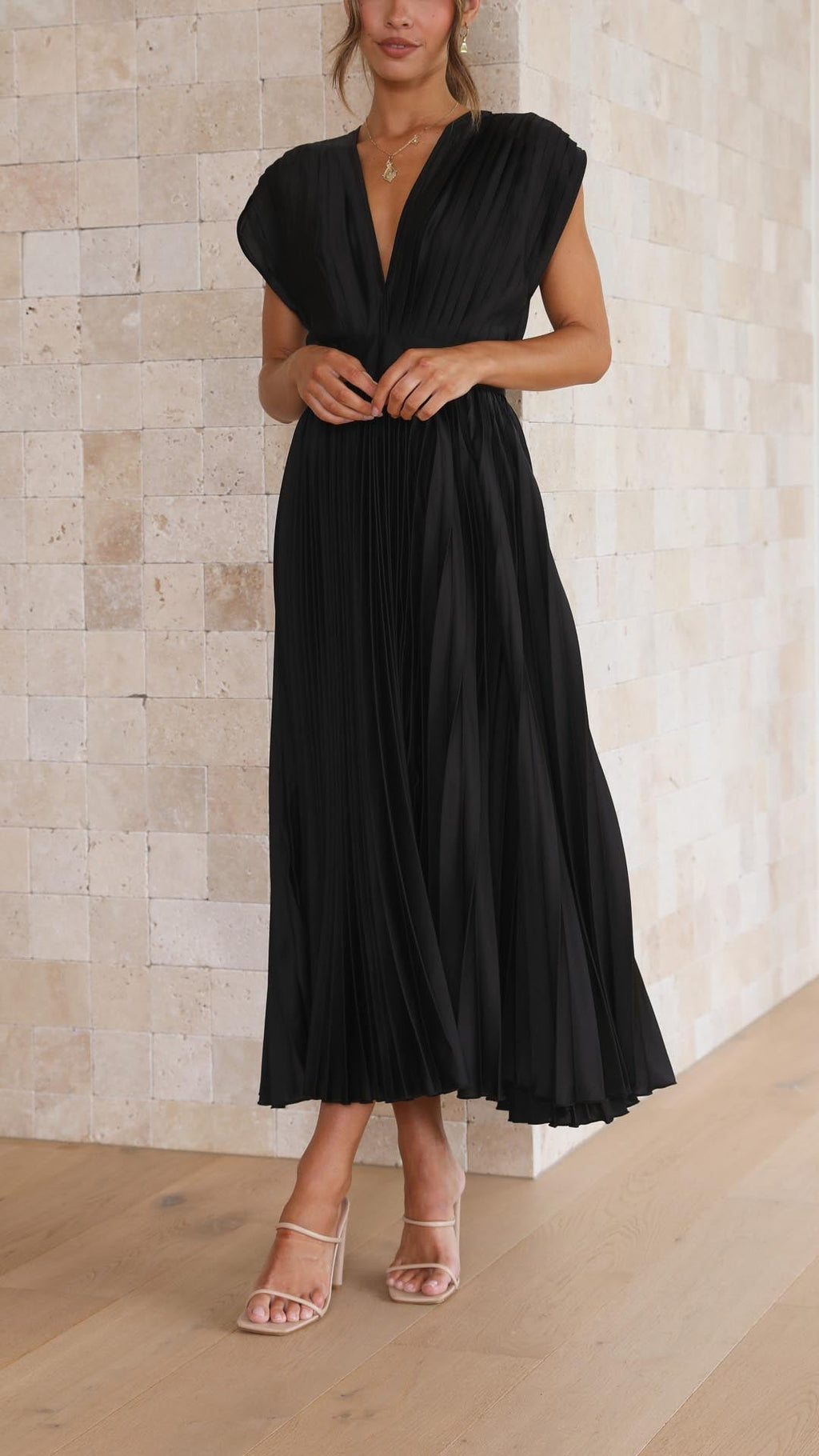 Pleated Maxi Dress V-Neck High Waist