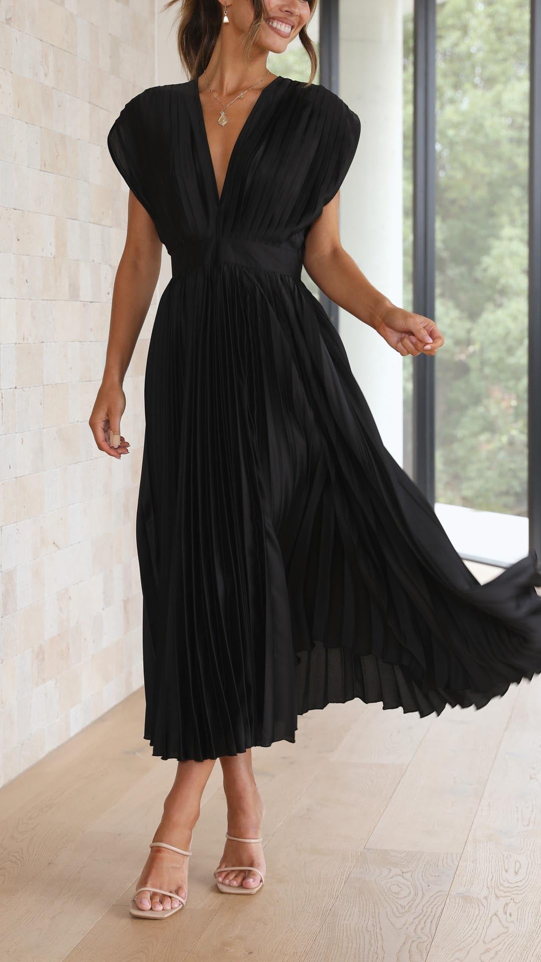 Pleated Maxi Dress V-Neck High Waist
