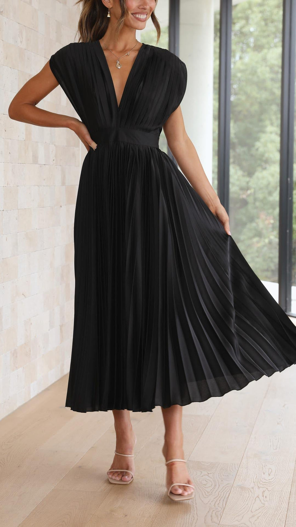 Pleated Maxi Dress V-Neck High Waist