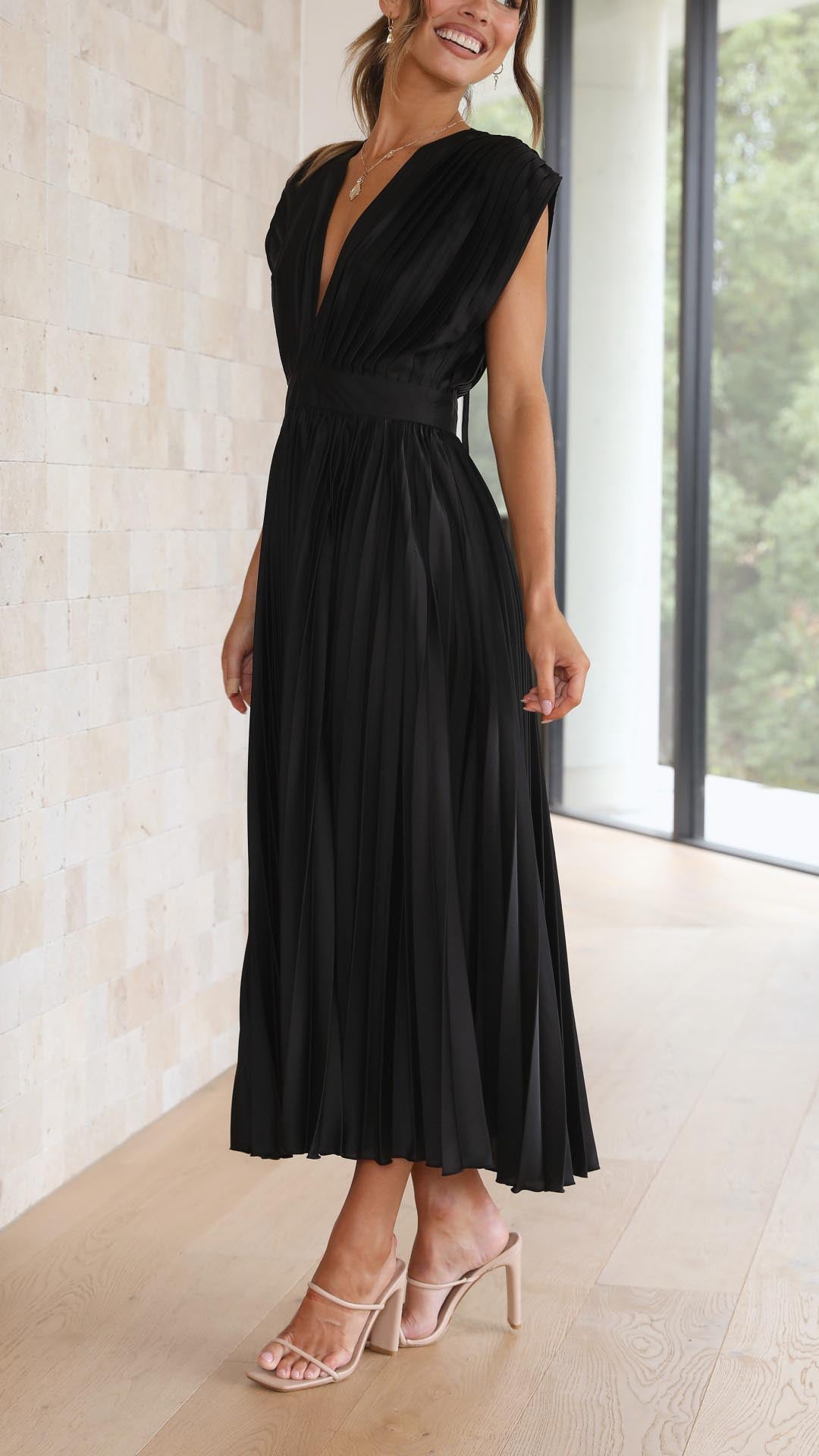 Pleated Maxi Dress V-Neck High Waist