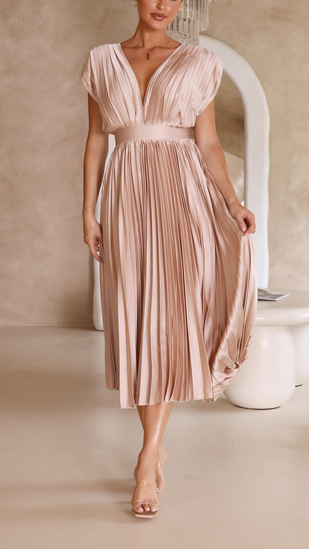 Pleated Maxi Dress V-Neck High Waist