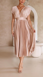Pleated Maxi Dress V-Neck High Waist
