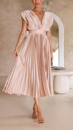 Pleated Maxi Dress V-Neck High Waist
