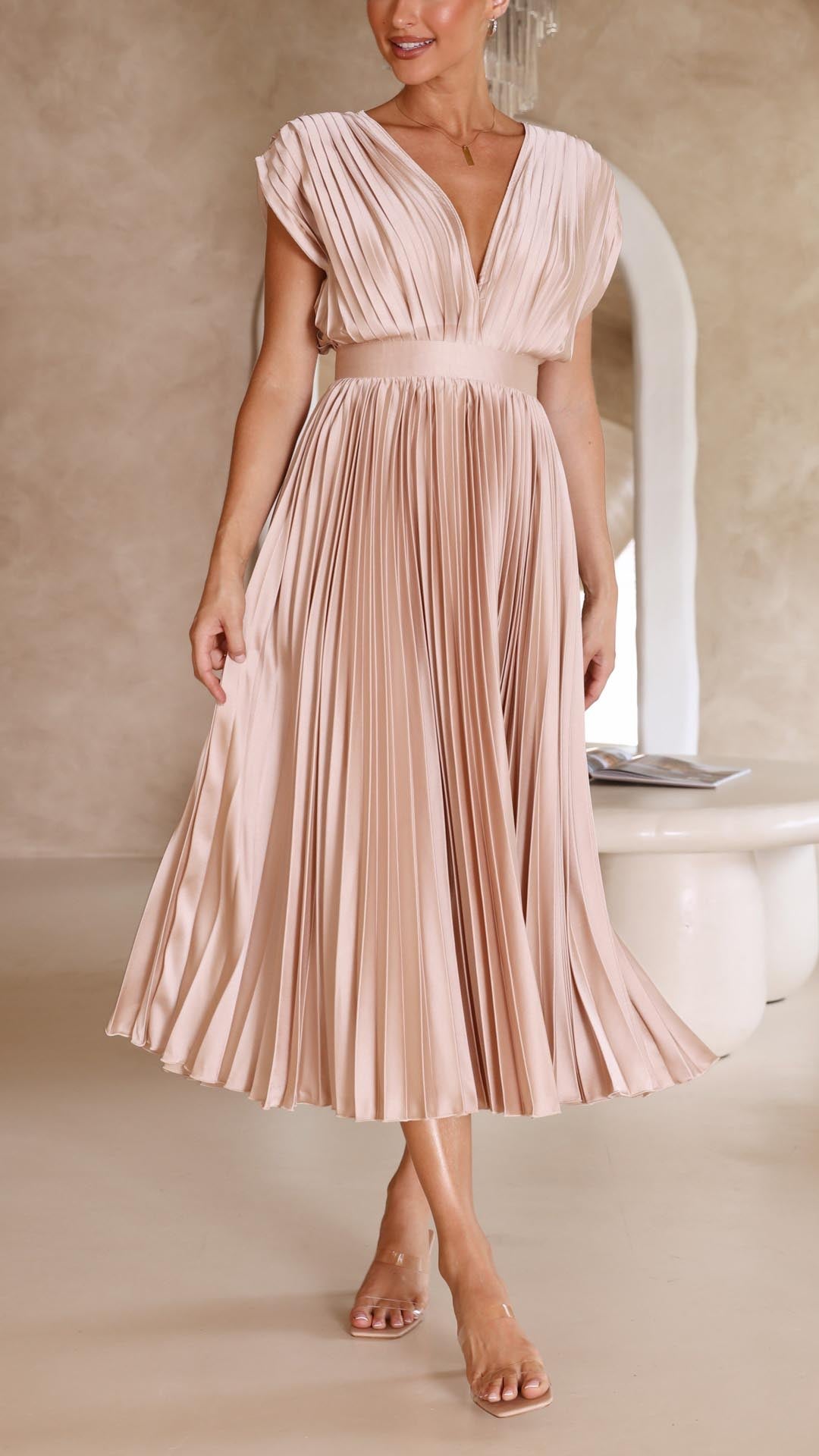 Pleated Maxi Dress V-Neck High Waist