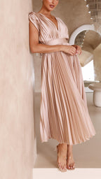 Pleated Maxi Dress V-Neck High Waist