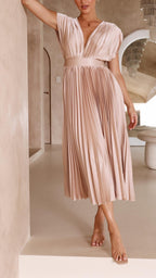 Pleated Maxi Dress V-Neck High Waist