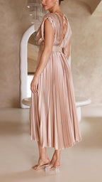 Pleated Maxi Dress V-Neck High Waist