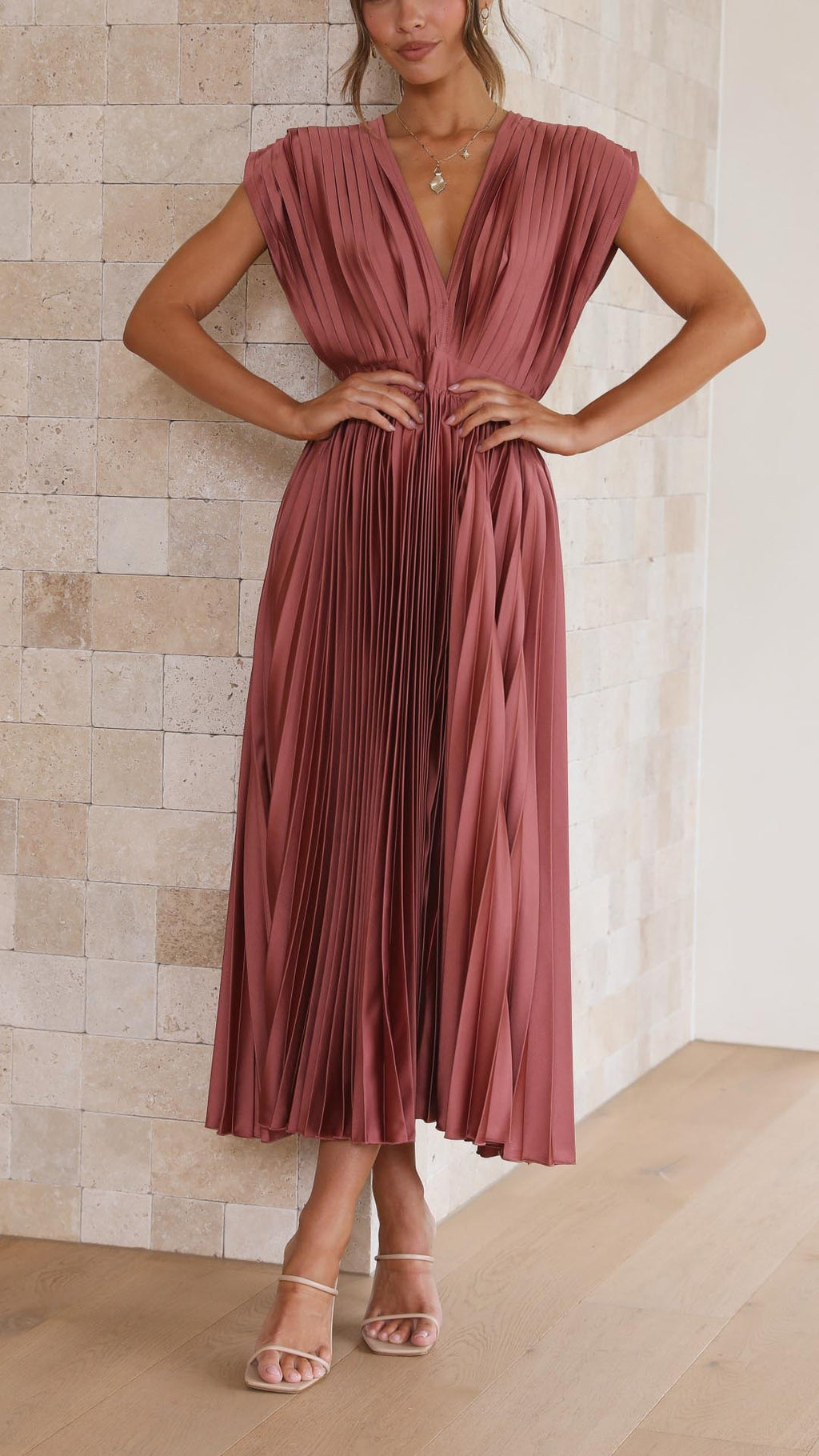 Pleated Maxi Dress V-Neck High Waist