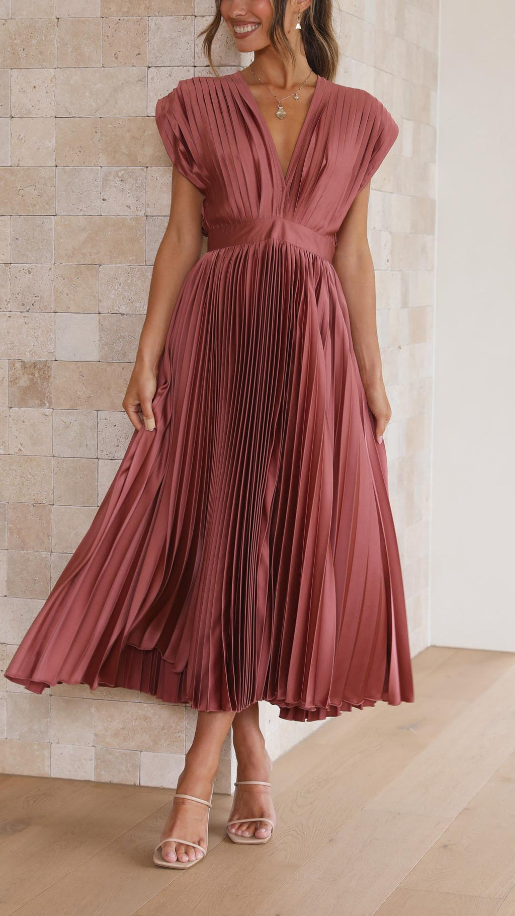 Pleated Maxi Dress V-Neck High Waist