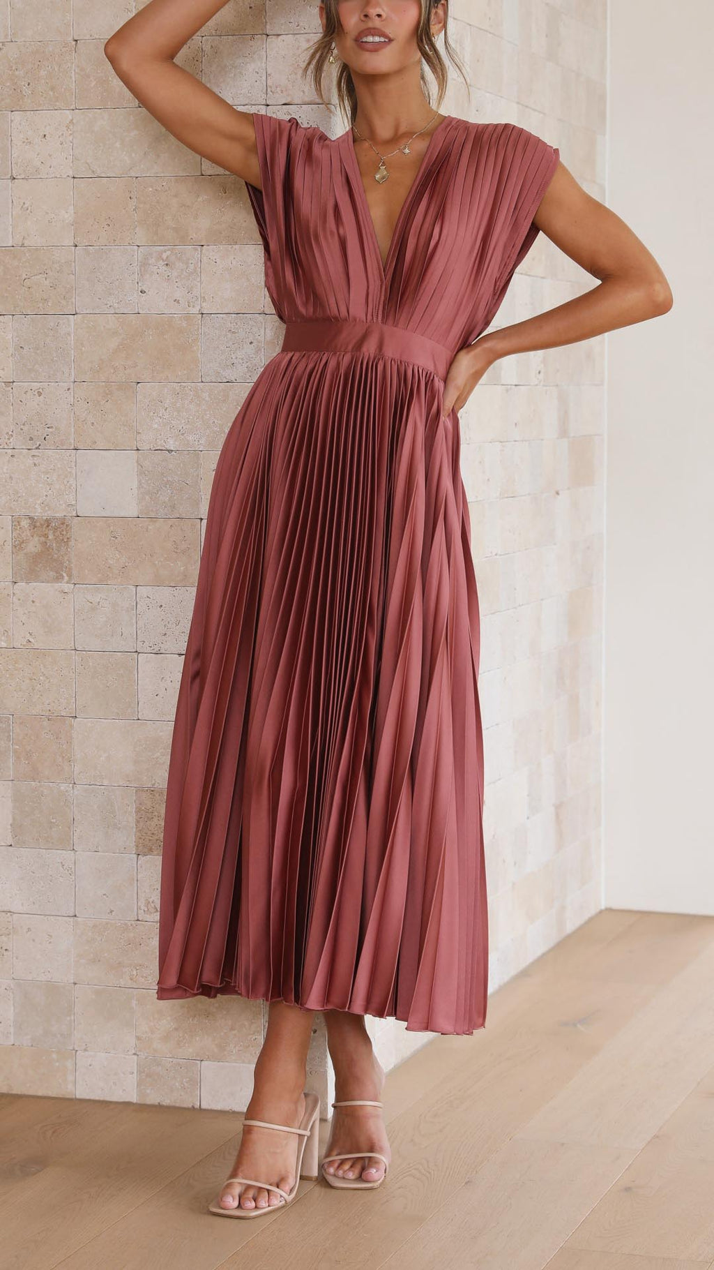 Pleated Maxi Dress V-Neck High Waist