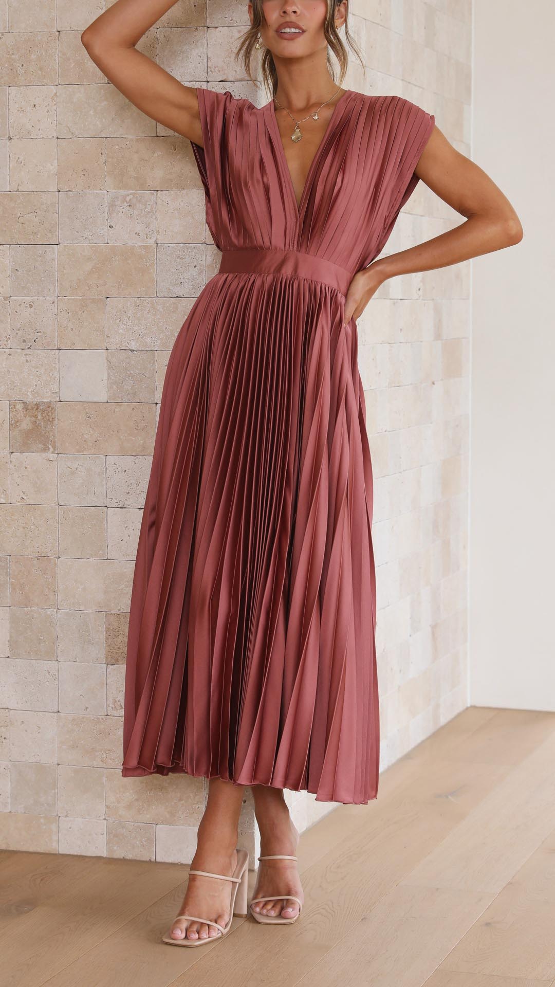 Pleated Maxi Dress V-Neck High Waist