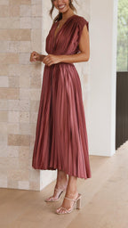 Pleated Maxi Dress V-Neck High Waist