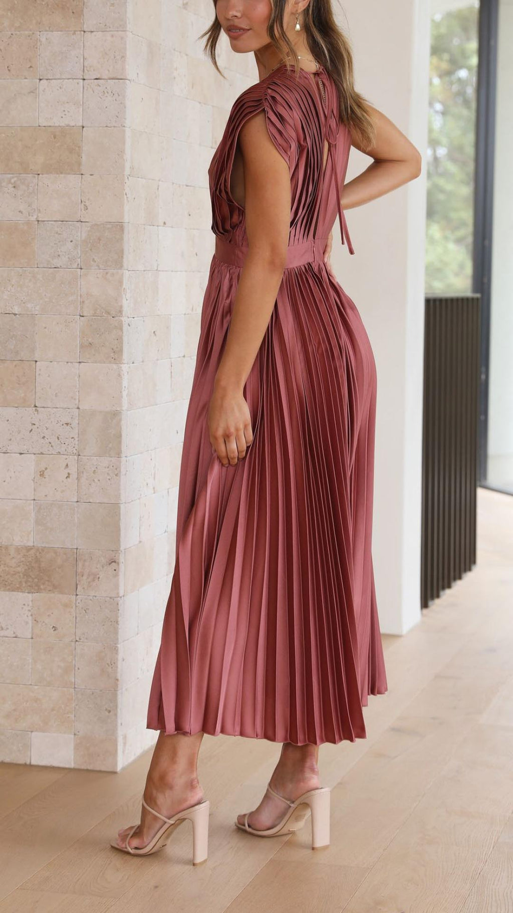 Pleated Maxi Dress V-Neck High Waist