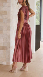 Pleated Maxi Dress V-Neck High Waist
