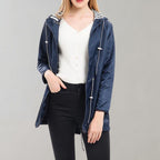Women's Long Rain Jacket Hooded Water Repellent Lightweight