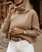 Women's Turtleneck Sweater Slim Fit Button Detail Soft Knit