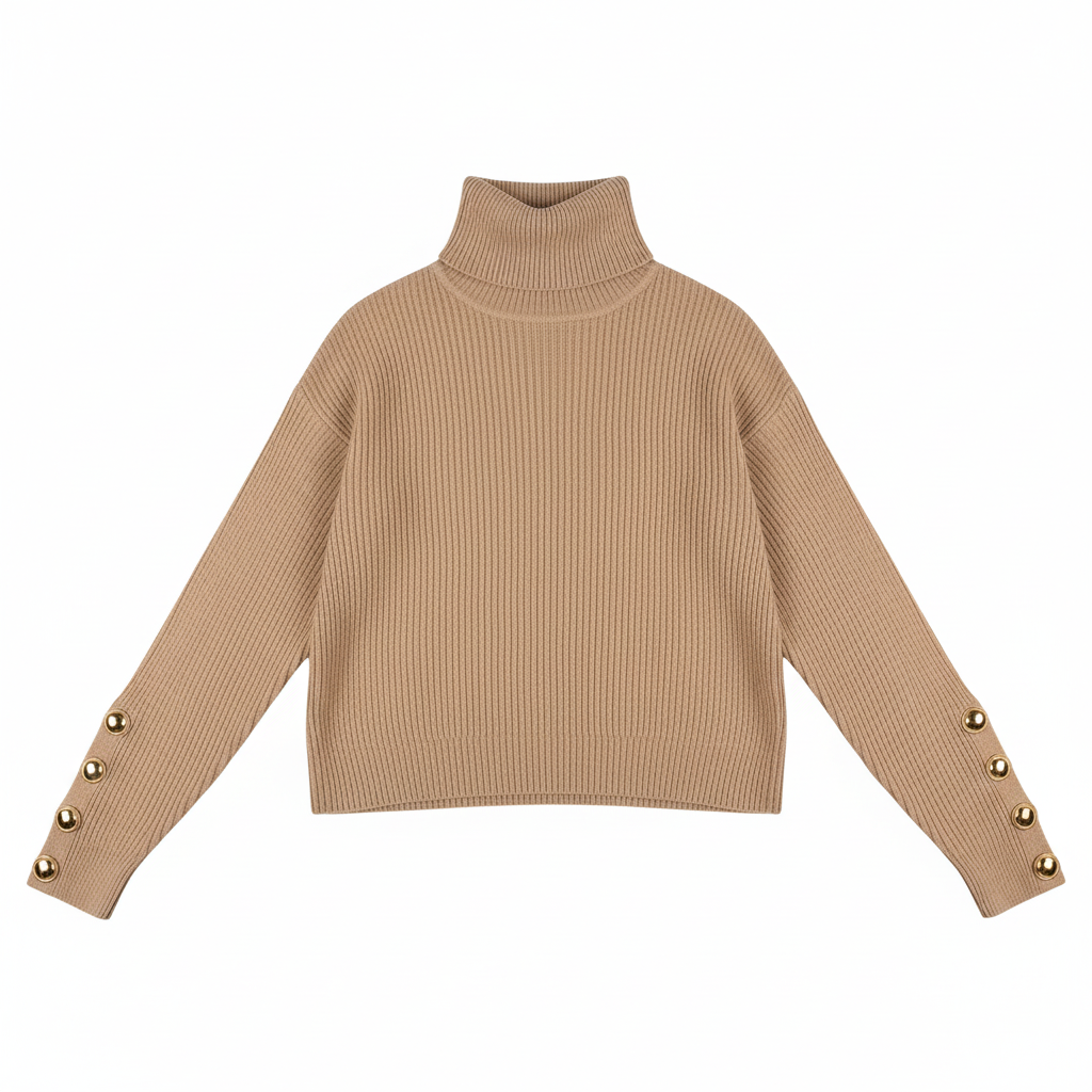 Women's Turtleneck Sweater Slim Fit Button Detail Soft Knit