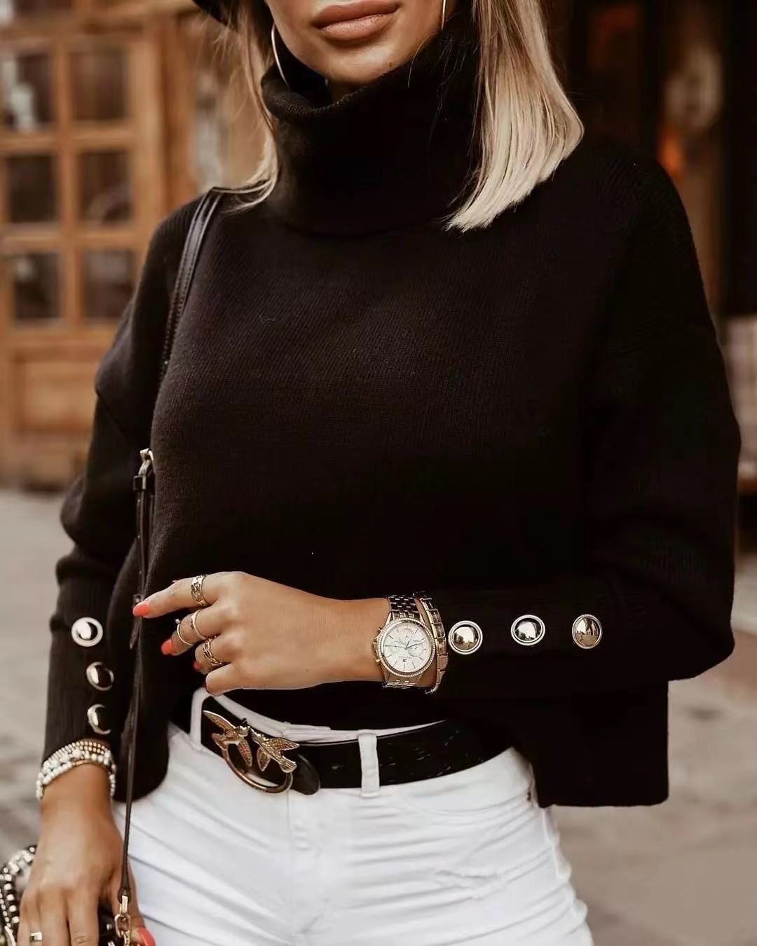 Women's Turtleneck Sweater Slim Fit Button Detail Soft Knit