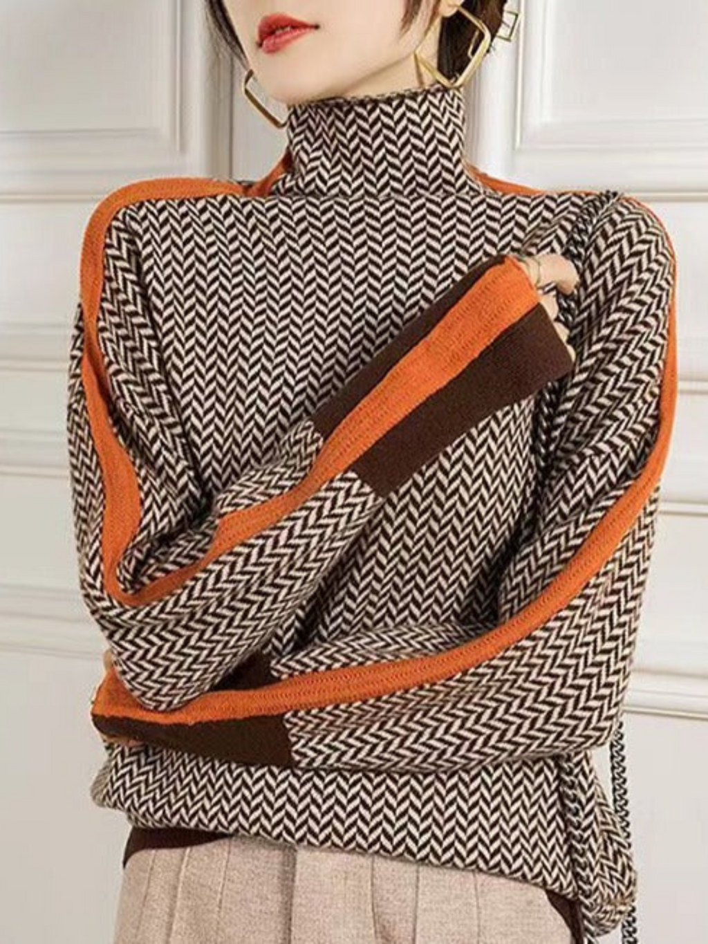 Women's Turtleneck Sweater Geometric Print Soft Knit Classic Fit